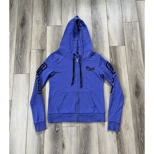 Pink Victoria's Secret Full Zip Hoodie Sweatshirt Size XS Blue/Black Lettering